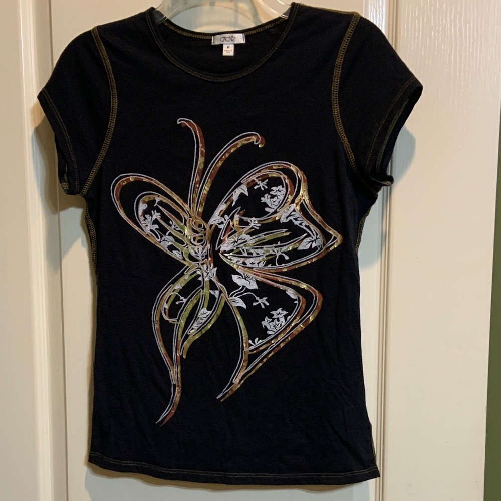 Cache Black Tee with Gold Contrast Stitching